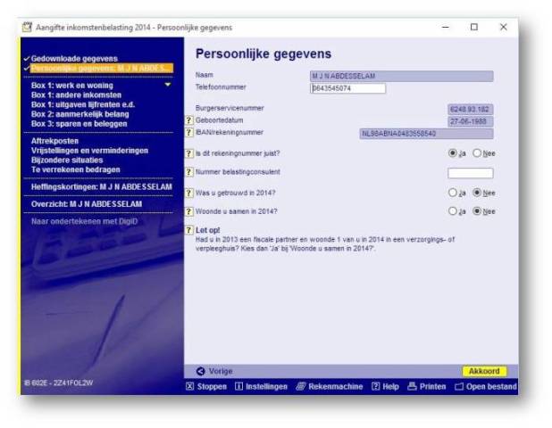 Page de l'application du Belastingdienst avec vos données personelles pour votre déclaration d'impôts aux Pays-Bas