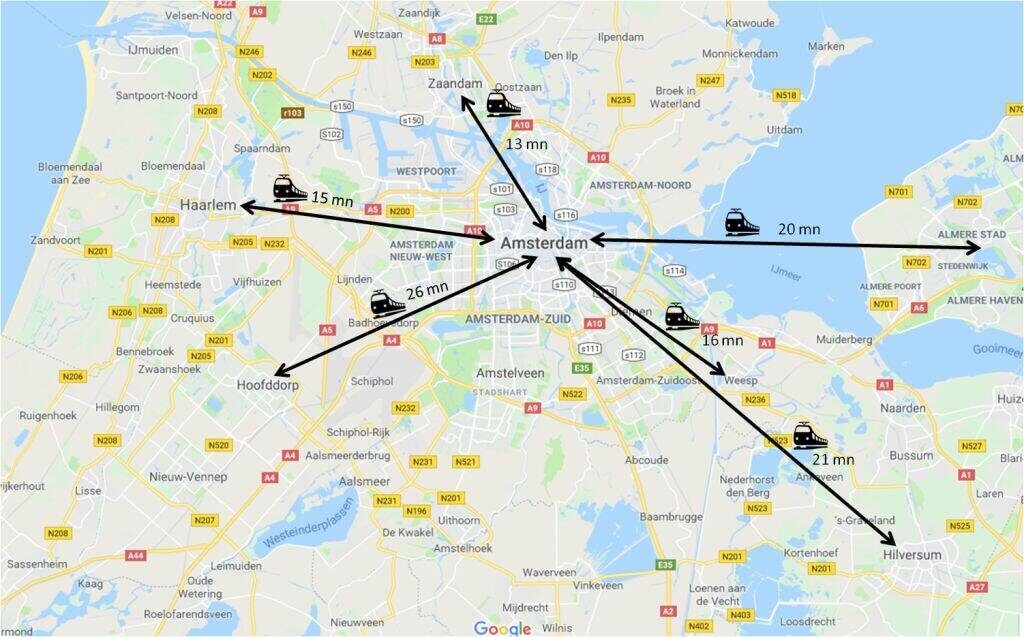 Temps de trajet en train entre Amsterdam et les villes voisines