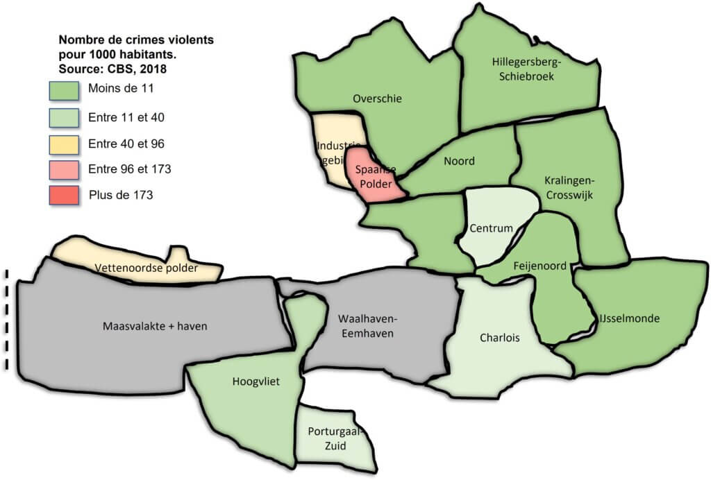 Rotterdam, carte avec nombre de crimes violents par quartier
